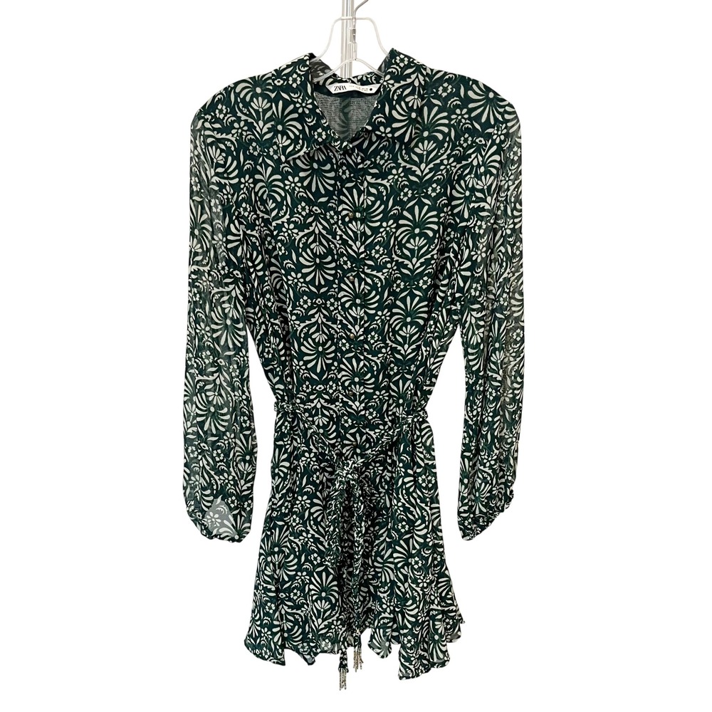 Zara Green White Floral Damask Chiffon Mini Shirt Dress Boho Belted Size Medium